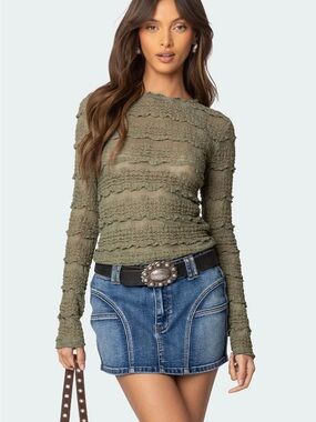 Edikted Olive Textured Sheer Lace Long Sleeve Top - NWT